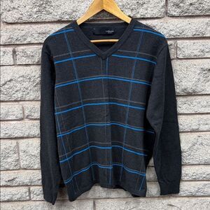 Gray and Blue Lief Horsens V-Neck Sweater